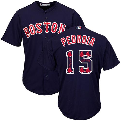 Red Sox #15 Dustin Pedroia Navy Blue Team Logo Fashion Stitched MLB Jersey